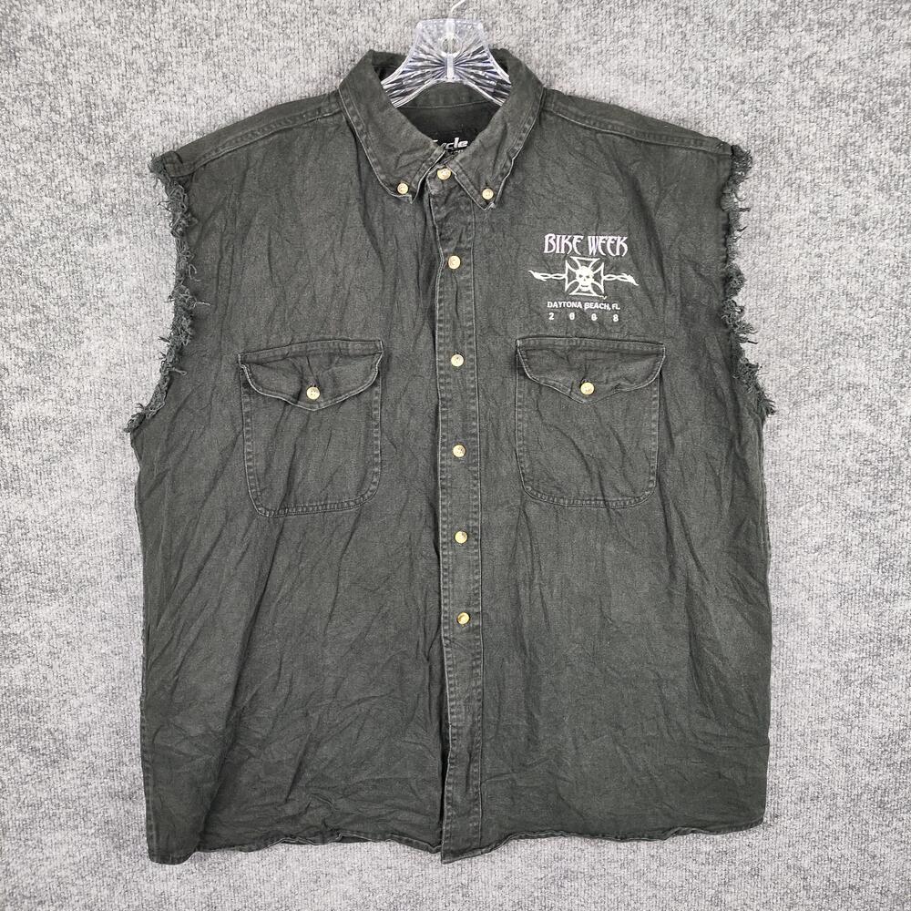 Cycle Threads Shirt Mens XL Gray Denim Sleeveless Button Up Bike Week Daytona FL